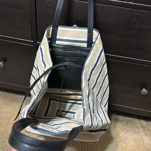 Aqua striped canvas/leather tote - Picture 2 of 8